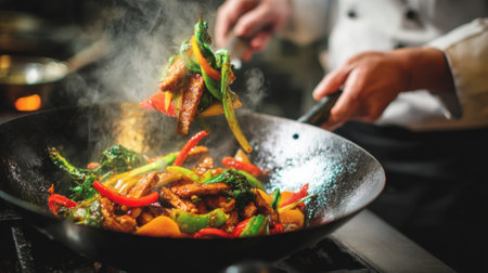 Vibrant vegetables and tender meat are expertly tossed in a wok creating an enticing dish.の素材