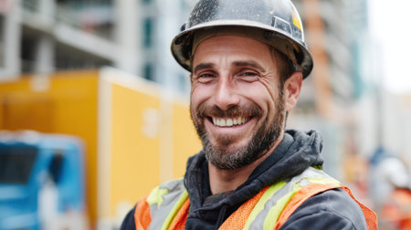 Joyful construction worker enjoys his day at work showing a spirit of teamwork and commitment.の素材