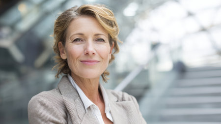 A woman stands confidently smiling in a sleek urban building with glass architecture.の素材