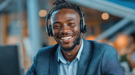 A cheerful man wearing a headset engages with clients in a vibrant office setting.の素材