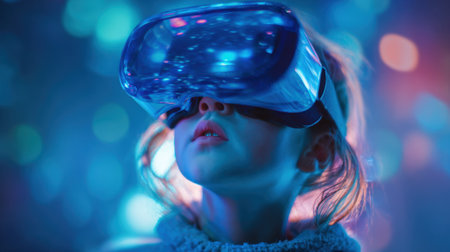 A child experiences vibrant virtual reality while wearing a sleek headset amidst captivating lights.の素材