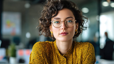 Brightly lit office scene with a thoughtful woman wearing glasses showing a confident expression.の素材