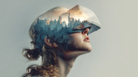 A young person immerses in virtual reality while a stunning skyline appears in their mind.の素材