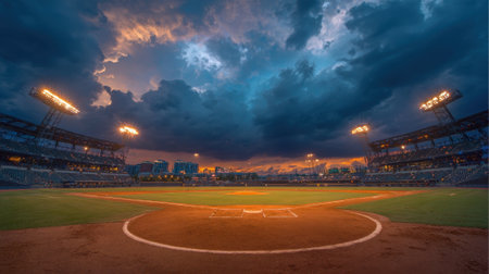 Dark clouds gather above a well lit baseball field as night approaches setting an electric atmosphere.の素材