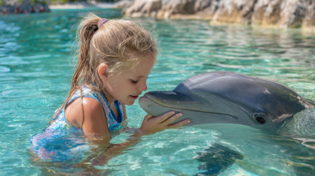 Young girl shares a special moment with a dolphin while swimming in a sunny lagoon.の素材