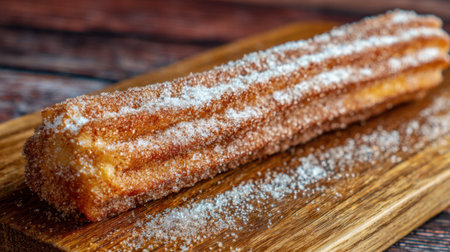 A freshly made churro lies on a wooden board coated with a layer of sugar inviting indulgence.の素材