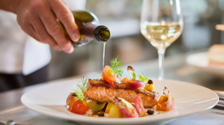 A chef enhances a delicious salmon dish with fresh vegetables and a glass of white wine beside it.の素材