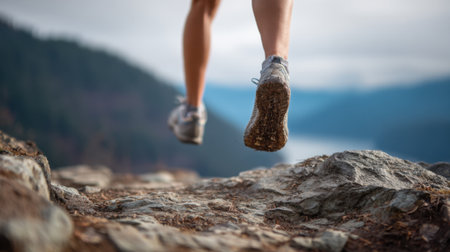 Runners embrace natures beauty on a mountain path near a tranquil lake at dawn.の素材