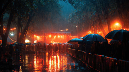 People stand under colorful umbrellas enjoying lively music while rain falls in a festive atmosphere.の素材
