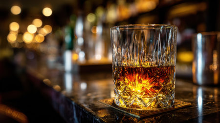 A sparkling whiskey glass sits on a marble counter illuminated by soft bar lights in the evening.の素材