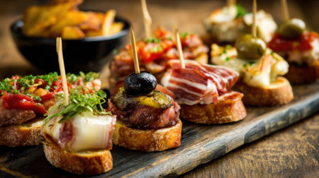 A colorful assortment of tapas is arranged on a wooden board inviting sharing and enjoyment.の素材