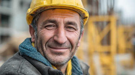 A construction worker with a yellow hard hat smiles warmly at the camera surrounded by equipment.の素材