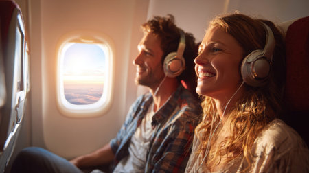 Two friends share smiles and laughter on a flight captivated by the movie and the golden sunset.の素材