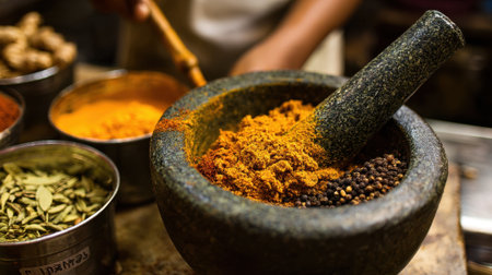 A colorful collection of spices is ground together using a mortar and pestle creating rich aromas.の素材