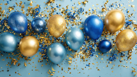 Bright blue and gold balloons are arranged on a light blue surface surrounded by colorful confetti and curling ribbons creating a joyful atmosphere perfect for a celebration.の素材