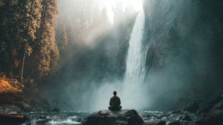 A calm scene shows a person sitting on a rock near a beautiful waterfall surrounded by towering trees. Morning light filters through the mist creating a peaceful atmosphere.の素材