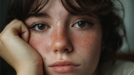 A young girl with curly hair and freckles rests her chin on her hand gazing softly at the camera. The background features a cozy indoor setting enhancing its contemplative expression.の素材