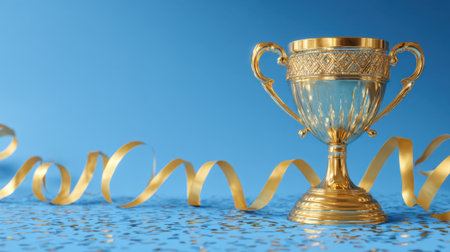 A shiny golden trophy is placed on a blue background. Surrounding the trophy colorful confetti and golden ribbons add to the festive vibe symbolizing celebration and success.の素材