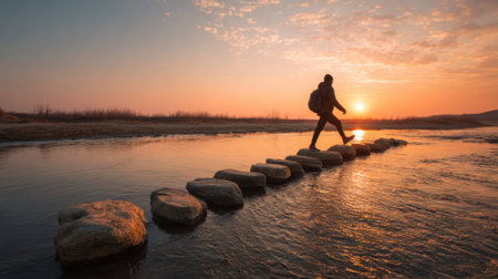 A person walks carefully on a series of stones leading across a river during sunset. The sky is painted in warm shades of orange and pink reflecting peaceful nature.の素材