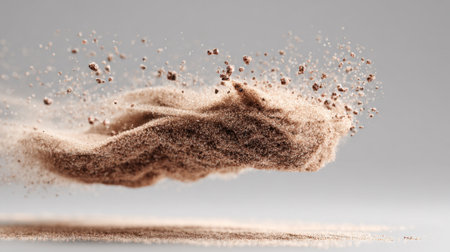 A cloud of fine dust particles is suspended and captured mid air showing an intricate pattern of movement. The background is neutral highlighting the dust's delicate shapes and forms.の素材