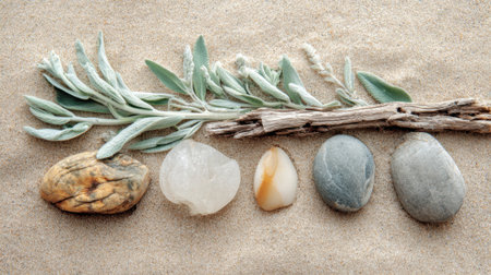 Natural stones in various shapes and colors lie beside green sage leaves and driftwood on soft sand creating a calming and earthy composition in a serene environment.の素材
