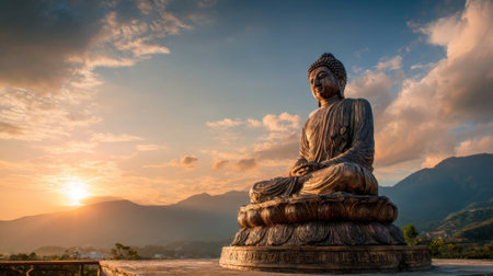 A majestic Buddha statue sits peacefully on a hilltop overlooking a stunning sunset. The sky is painted with warm hues as mountains form the backdrop creating a tranquil atmosphere.の素材