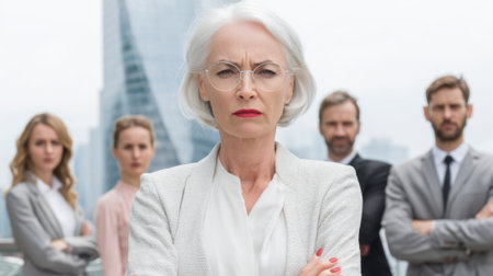 A confident group of four business professionals stands together on a rooftop. They are dressed in formal attire exuding determination and unity. The city skyline provides a modern backdrop.の素材