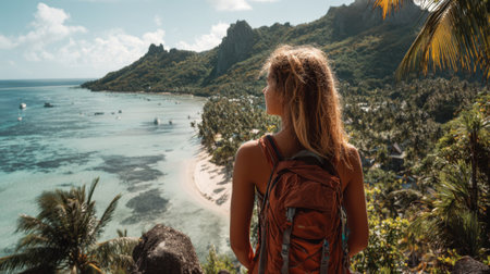 A traveler stands on a rocky outcrop looking out over a stunning coastal landscape with turquoise waters and green hills. The sun shines brightly as palm trees sway gently in the breeze.の素材