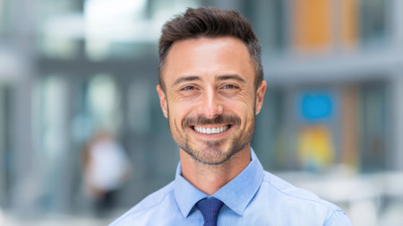 A confident man stands in a modern office space smiling warmly. He wears a blue shirt and tie showing professionalism amidst a lively environment.の素材