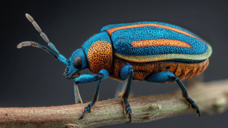 A colorful beetle is perched on a thin branch displaying striking blue and orange patterns on its body. The detailed texture and intricate features are clearly visible in this close view.の素材