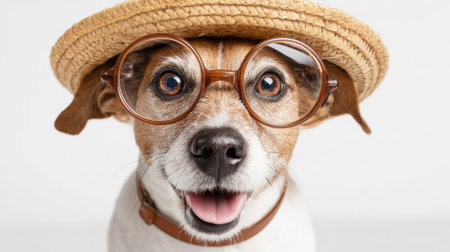 A cheerful dog with a playful expression poses wearing large round glasses and a straw hat. The bright background highlights its adorable features and happy demeanor.の素材