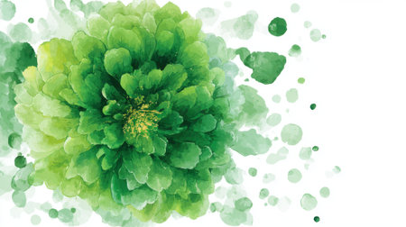 This artwork showcases a large vibrant green flower surrounded by delicate splashes of color. The blend of shades creates a fresh natural feel. Ideal for floral decor or art enthusiasts.の素材