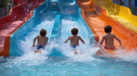 Three children enjoy their day at a water park racing down colorful slides into a bright blue pool. Their laughter fills the air as they splash water around.の素材