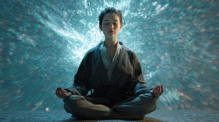 A young woman practices meditation in a serene setting at home. Soft blue lights create a peaceful atmosphere enhancing her focus as she sits cross legged in a quiet moment of reflection.の素材