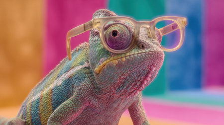 A chameleon with bright colors and large glasses sits confidently showing its unique features against a lively colorful backdrop in a whimsical setting.の素材