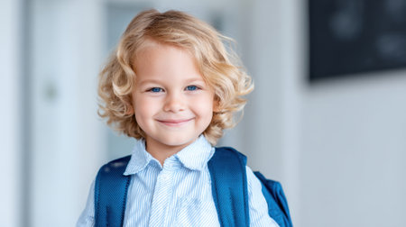 A cheerful young boy with curly hair and blue eyes stands inside a well lit room. He wears a striped shirt and a blue backpack and smiles brightly.の素材