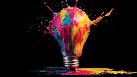 Colorful paint splatters create a visually striking light bulb effect against a black background showing an artistic representation of creativity and inspiration.の素材