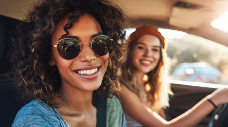 Two friends share a joyful moment inside a car with bright sunlight shining through the windows. Their smiles reflect the happiness of a fun road trip together.の素材