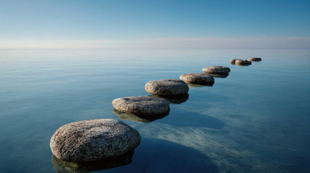 Smooth stones create a path over calm water during early morning hours. The tranquil scene reflects soft colors inviting peaceful thoughts and quiet reflection.の素材