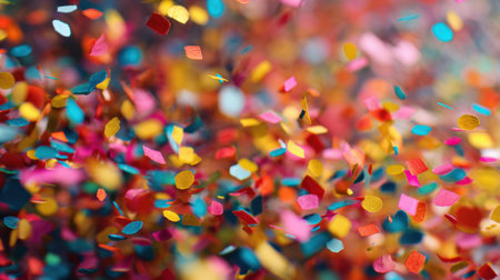 Brightly colored confetti swirls joyfully in the air at a lively celebration. The scene captures the essence of fun and excitement during a festive evening gathering.の素材
