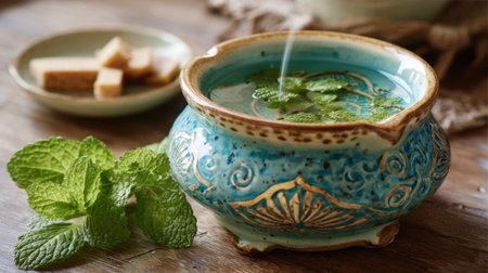 A steaming bowl of mint tea sits on a wooden table surrounded by fresh mint leaves and sugar cubes. The intricate ceramic design adds charm to the cozy setting.の素材
