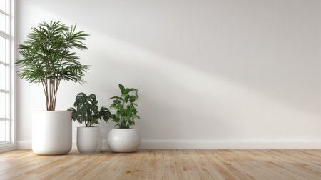 Two stylish indoor plants in white pots brighten a modern living room with wooden flooring. Sunlight streams in through the large windows creating a warm atmosphere.の素材