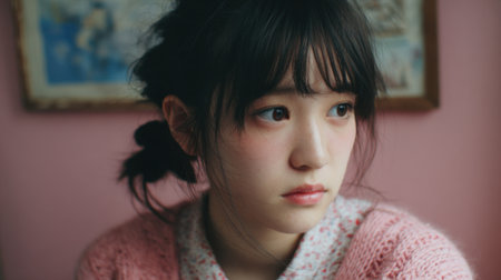 A young woman sits quietly in a warmly lit room with pink walls. She has dark hair styled in a loose updo and a gentle expression. Vintage decorations create a cozy atmosphere around her.の素材