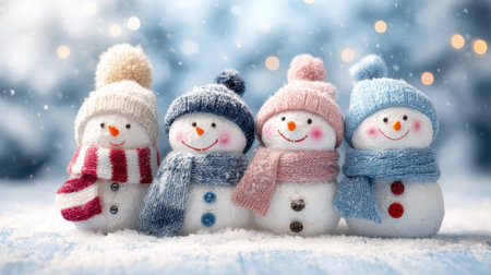 Four snowmen are lined up in a snowy setting. Each has a unique hat and scarf displaying happy faces. The background features softly blurred snowflakes enhancing the winter feel.の素材