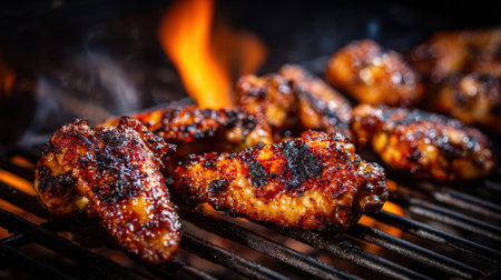 Juicy chicken wings are being grilled over an open flame creating a smoky aroma. Friends gather around enjoying a sunny day at a backyard barbecue savoring the delicious food.の素材