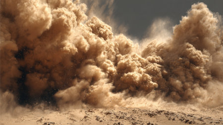 A powerful dust storm engulfs the desert sending clouds of dust and debris into the air. The scene captures the chaotic beauty of nature during daytime.の素材