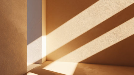 Sunlight casts gentle shadows across a minimalistic room with textured walls creating a warm and inviting ambiance. The scene captures a tranquil moment during golden hour.の素材