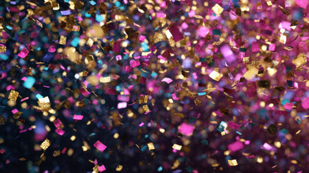 Colorful confetti fills the air during a lively celebration at night. The space is alive with bright hues of pink gold and blue creating a festive atmosphere that captures joy and excitement.の素材