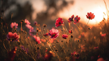 Wildflowers in shades of pink and purple thrive in a sunlit meadow on a warm spring evening. The setting sun casts a golden hue creating a serene atmosphere.の素材