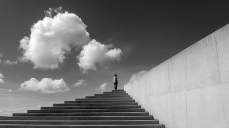 A person stands quietly on a set of stairs that lead to a flat surface surrounded by fluffy clouds against a clear sky. The scene features a stark contrast between concrete and nature.の素材